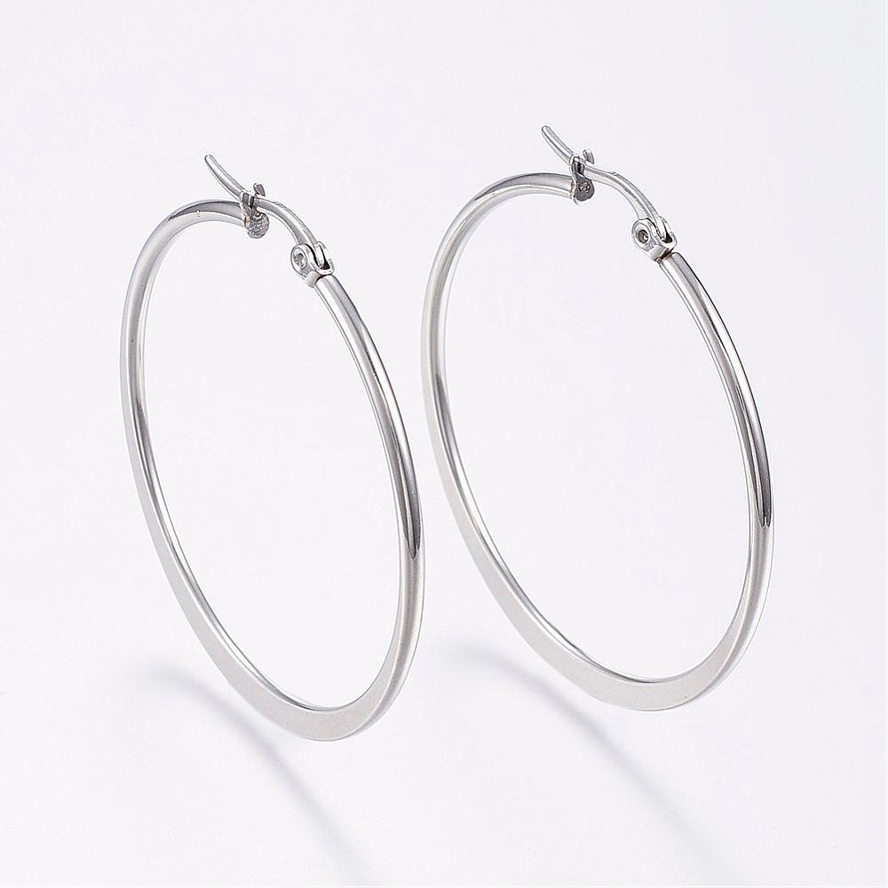 PandaHall 304 Stainless Steel Hoop Earrings, Stainless Steel Color, 44~46x2mm; pin: 0.7x1mm Stainless Steel