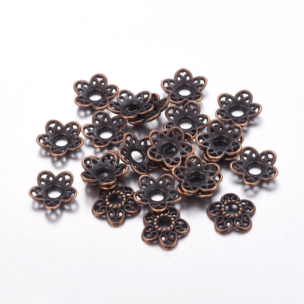 PandaHall Tibetan Style Bead Caps, Lead Free & Nickel Free & Cadmium Free, Flower, Red Copper color, Size: about 12mm long, 11.5mm wide, 3mm...