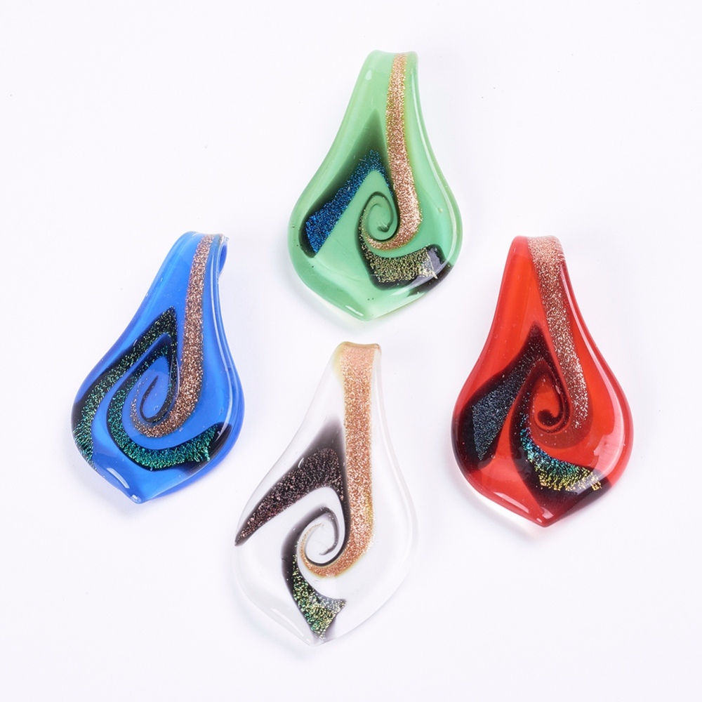 PandaHall Handmade Dichroic Glass Pendants, with Gold Sand, Leaf, Mixed Color, 58x33mm, Hole: 10mm Dichroic Glass Leaf Multicolor