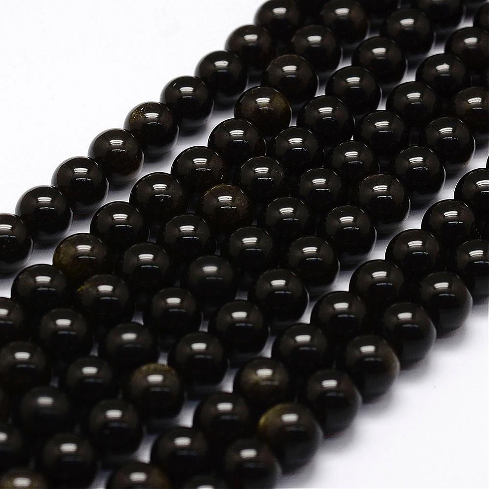 PandaHall Natural Golden Sheen Obsidian Beads Strands, Round, 8mm, Hole: 1mm; about 49pcs/strand, 15.2" Golden Sheen Obsidian Round Black
