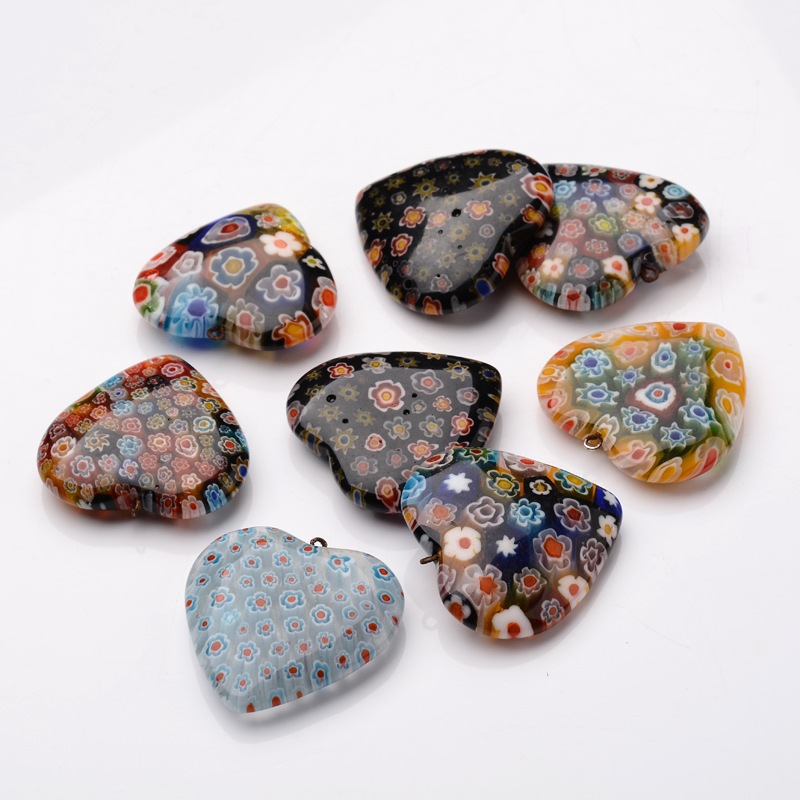 PandaHall Heart Handmade Millefiori Glass Findings, Half Drilled Beads and Pendants, Mixed Color, 39~40x38~39x10~11mm, Hole: 1~2mm...