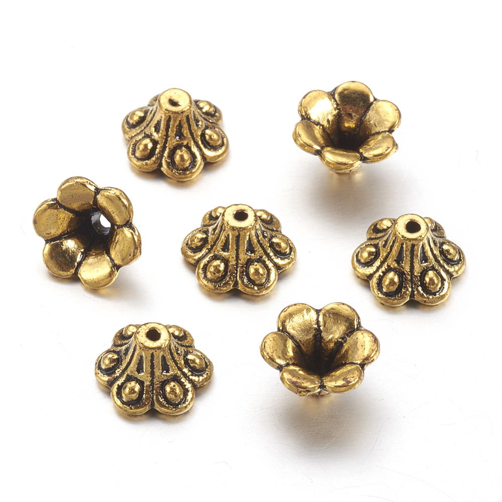 PandaHall Tibetan Silver Caps, Antique Golden, Cadmium Free & Lead Free, 10x6mm, Hole: 1mm Alloy