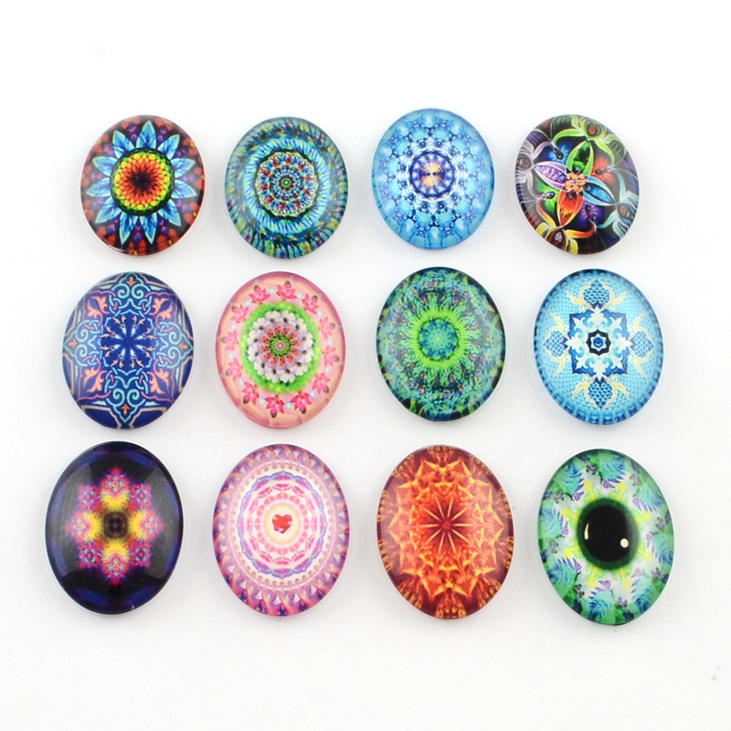 PandaHall Kaleidoscope Flower Pattern Glass Oval Flatback Cabochons for DIY Projects, Mixed Color, 40x30x8mm Glass Oval Multicolor