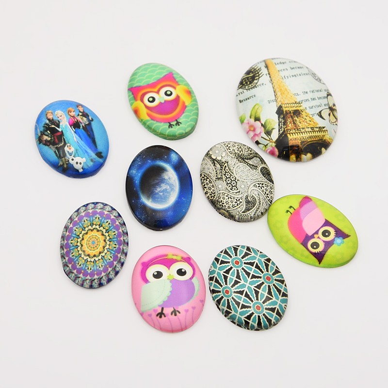 PandaHall Mixed Style Photo Pattern Glass Cabochons, Oval, Mixed Color, 10~30x8~21.5x4~6mm Glass Oval