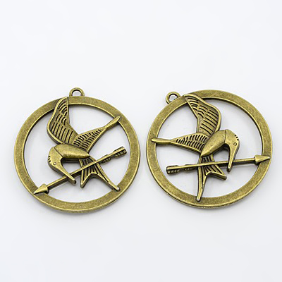 PandaHall Tibetan Style Hunger Games Necklace Pendants, Ring with Bird, Antique Bronze, 50x46x6mm, hole: 3mm Alloy Ring