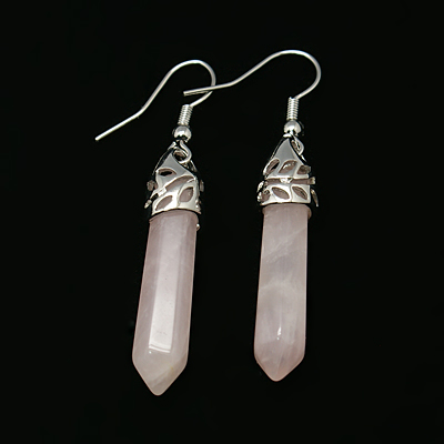 PandaHall Fashion Gemstone Dangle Earrings, with Brass Earring Hooks, Rose Quartz, 50~56x8mm, Pin: 1mm Rose Quartz Pink