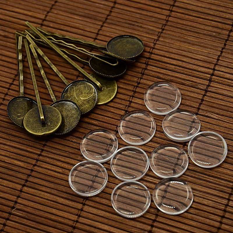 PandaHall 18mm Transparent Clear Domed Glass Cabochon Cover for Iron Hair Bobby Pin DIY Making, Antique Bronze, 63x19x2mm Iron+Glass