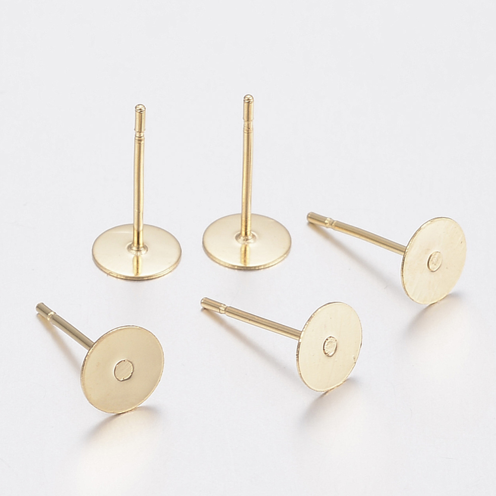 PandaHall 304 Stainless Steel Stud Earring Findings, Flat Round, Golden, 10x0.3mm, Pin: 12x0.8mm Stainless Steel