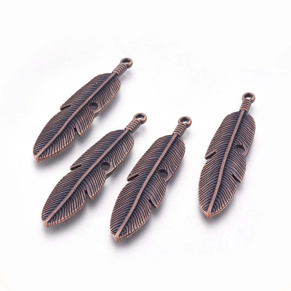PandaHall Tibetan Style Alloy Feather Big Pendants, Cadmium Free & Nickel Free & Lead Free, Red Copper, 61x15x3mm, Hole: 2mm Alloy Feather