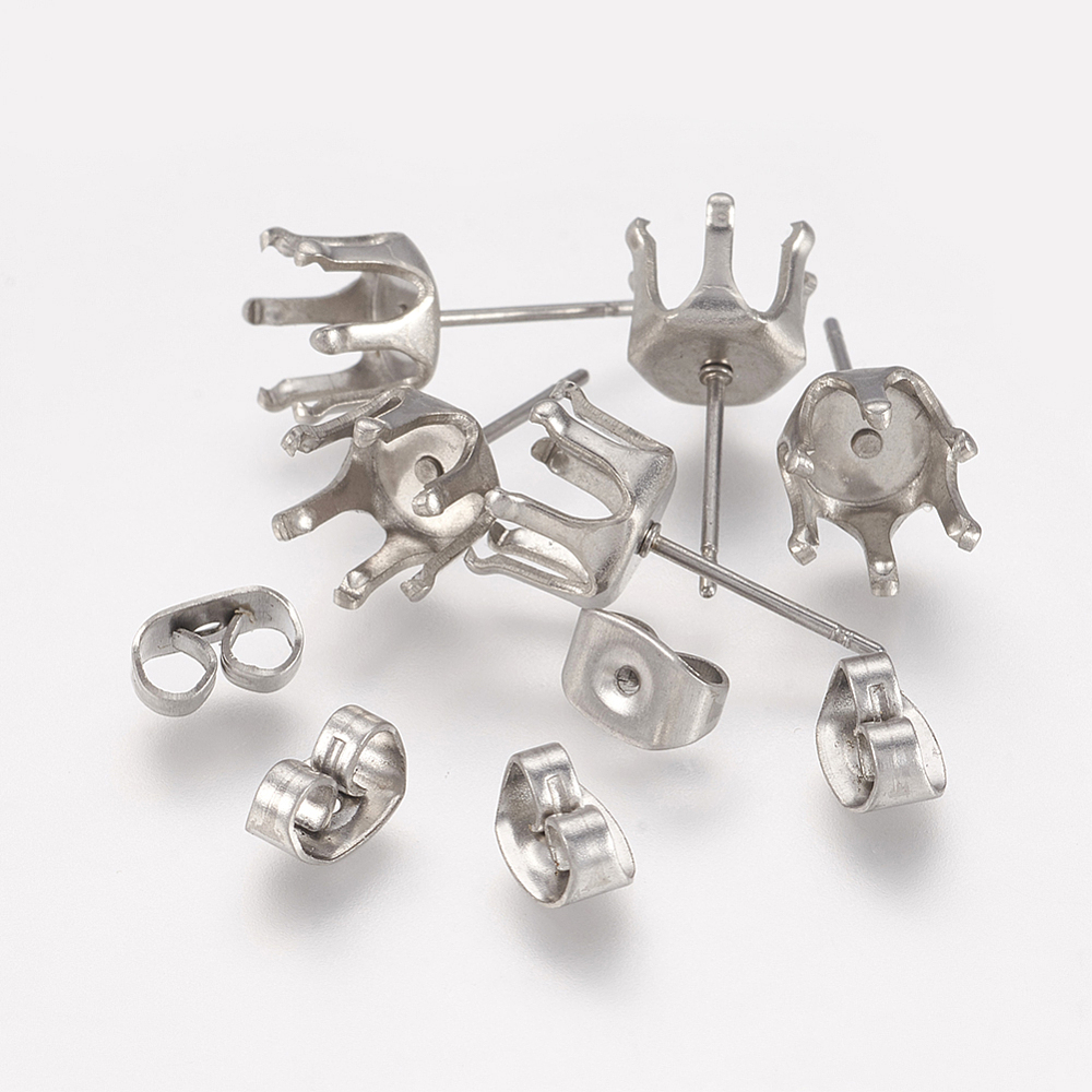 PandaHall 304 Stainless Steel Ear Studs, Stainless Steel Color, 16x7mm, 6x4mm, Pin: 0.7mm Stainless Steel