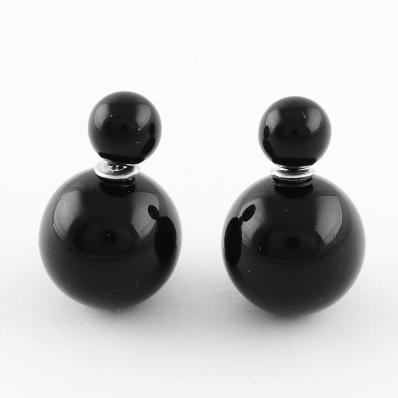 PandaHall Double Side Acrylic Ball Stud Earrings, with Iron Pins, Platinum, Black, 15.5mm, Pin: 0.6mm Acrylic Black