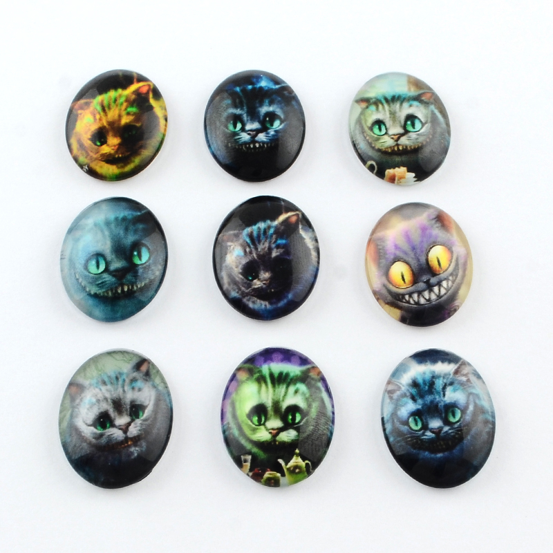 PandaHall Cat Pattern Glass Oval Flatback Cabochons for DIY Projects, Mixed Color, 18x13x4mm Glass Oval Multicolor