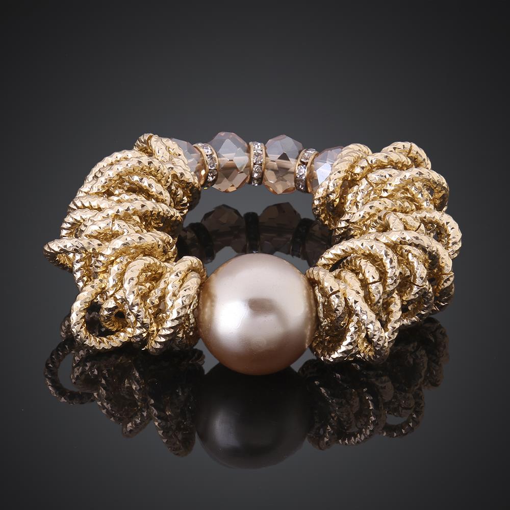 PandaHall Brass Stretch Bracelets, with Round Imitation Pearl and Glass Rhinestone, Golden, 7-7/8"(20cm) Brass