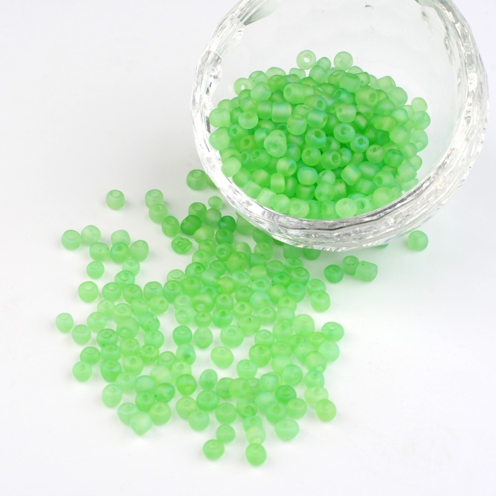 PandaHall AB Color 6/0 LimeGreen Frosted Transparent Glass Seed Beads, 3.0~4.0mm, Hole: 1.0mm; about 550pcs/50g Glass Green