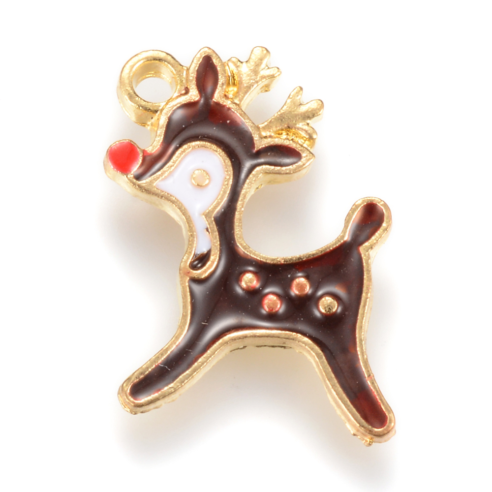 PandaHall Alloy Enamel Pendants, Sika Deer, Light Gold, CoconutBrown, 19.5x14x1.5mm, Hole: 2mm Alloy+Enamel Deer Brown