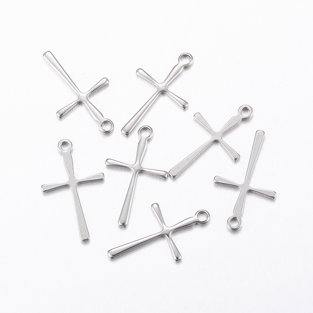 PandaHall 304 Stainless Steel Pendants, Cross, Stainless Steel Color, 16x9.5x0.8mm, Hole: 1mm Stainless Steel Cross