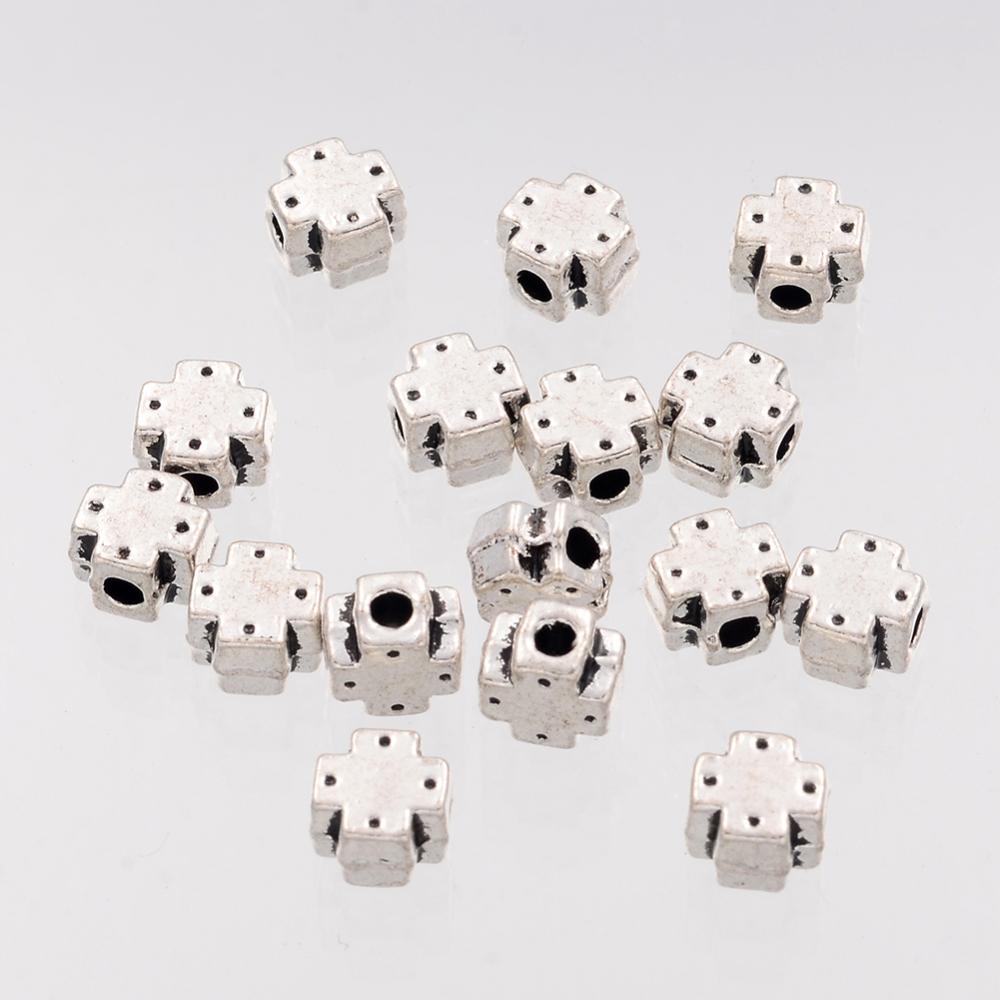 PandaHall Tibetan Style Beads, Lead Free, Antique Silver, Greek Cross, about 6mm long, 6.5mm wide, 4mm thick, Hole: 2mm Alloy Cross