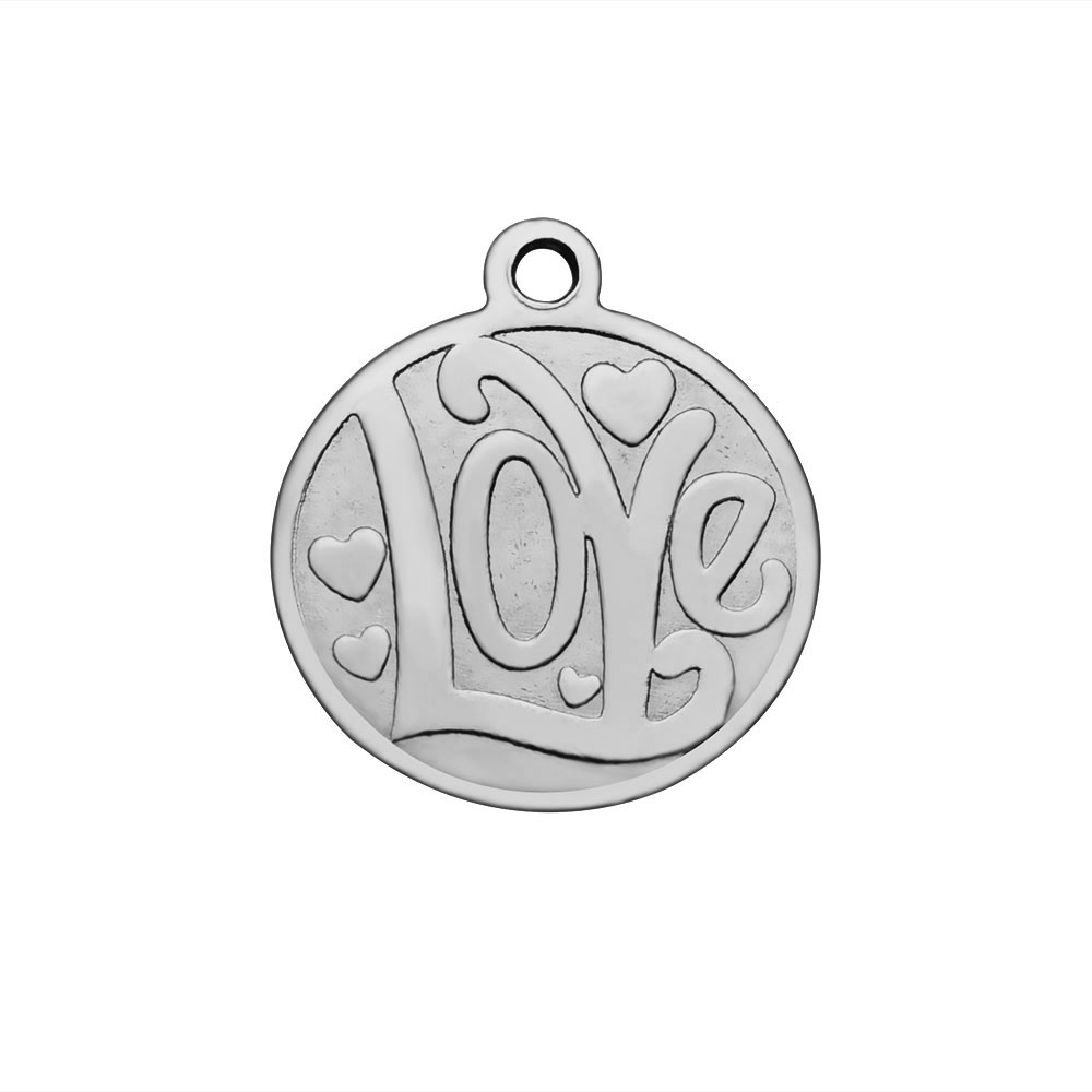 PandaHall 304 Stainless Steel Charms, Flat Round with Word Love, Stainless Steel Color, 15x14x1mm, Hole: 1mm Stainless Steel Flat Round