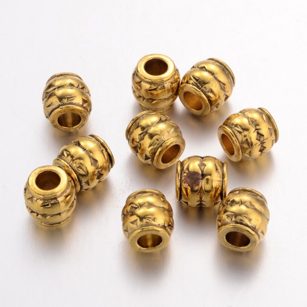PandaHall Tibetan Style Large Hole Barrel Beads, Antique Golden, Lead Free & Cadmium Free & Nickel Free; 8x8mm, Hole: 3.5mm Alloy Barrel