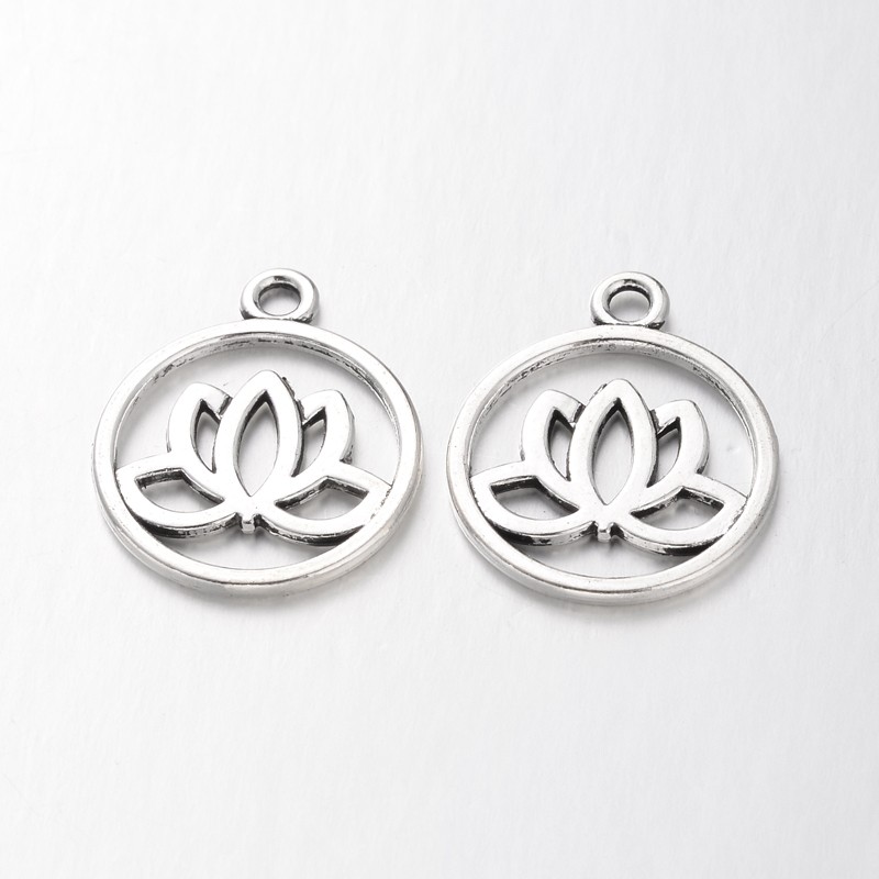 PandaHall Tibetan Style Filigree Alloy Pendants, Flat Round with Lotus, Lead Free, Antique Silver, 24x20x1.5mm, Hole: 2.3mm Alloy Flat Round