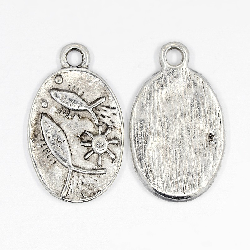 PandaHall 20PCS Antique Silver Tibetan Style Alloy Pendants, Flat Oval with Fish and Sun, Lead Free & Cadmium Free, 21.5x13x2mm, Hole: 2mm...