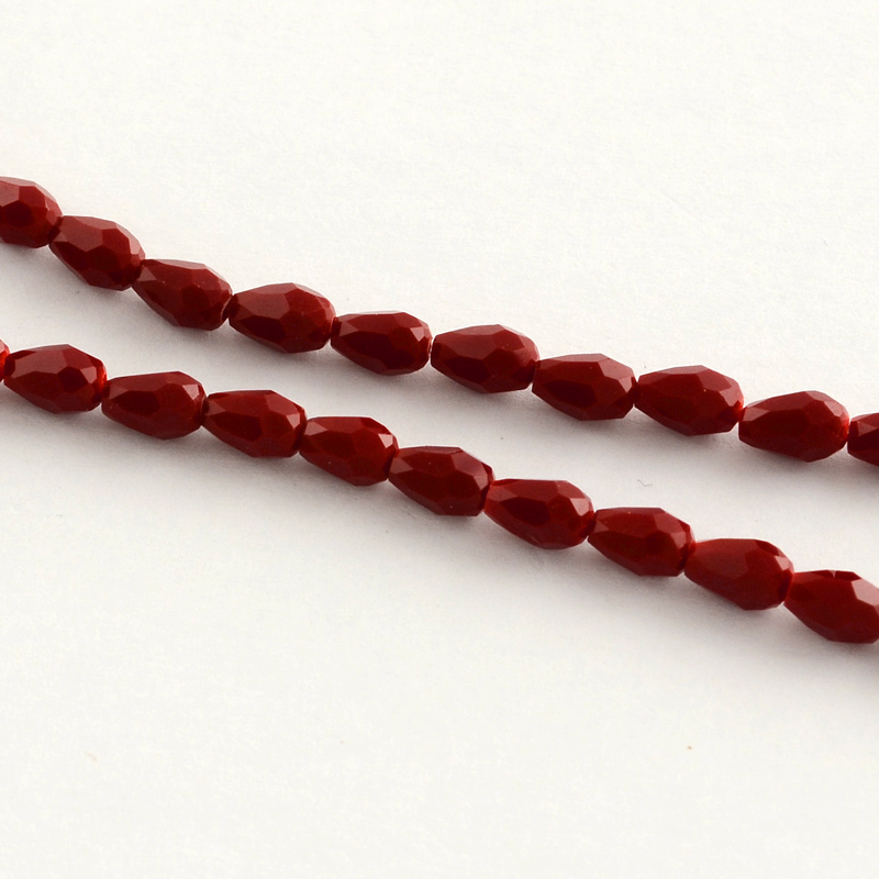 PandaHall Glass Beads Strands, Faceted, Drop, DarkRed, 5x3mm, Hole: 1mm; about 99~101pcs/strand, 19.7" Glass Drop Red