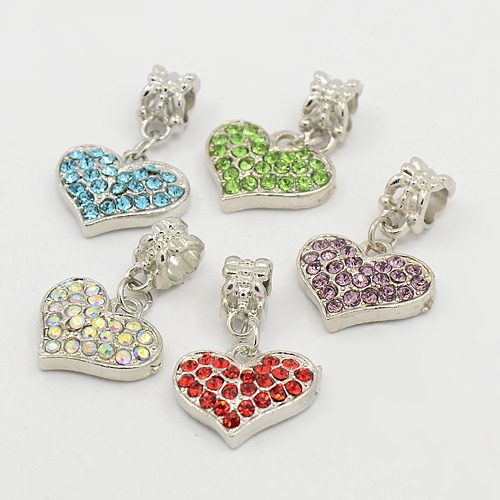PandaHall Unique Valentines Day Ideas European Heart Dangle Beads, with Platinum Alloy Rhinestone Findings, Mixed Color, 15.5x18x4mm, Hole...