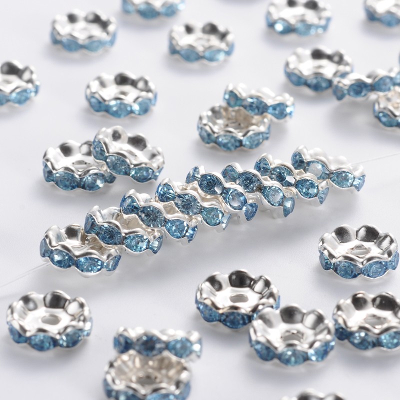 PandaHall Silver Plated Flat Round Brass Acrylic Rhinestone Spacer Beads, Wavy Edge, LightSkyBlue, 10x4mm, Hole: 2mm Brass+Acrylic...