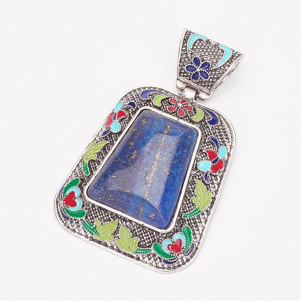PandaHall Natural & Dyed Lapis Lazuli Big Pendants, with Enamel Brass Finding, Trapezoid, Antique Silver, 62x51x15mm, Hole: 10x14mm Lapis...