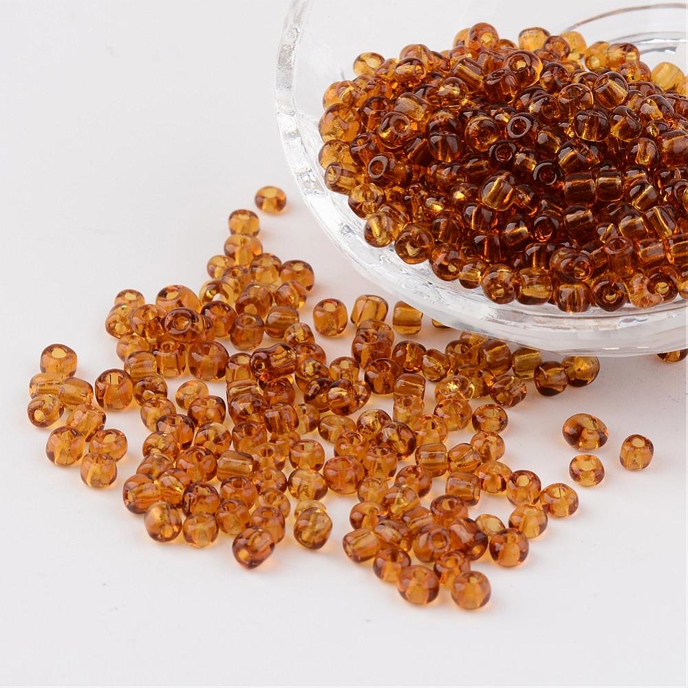 PandaHall 6/0 Glass Seed Beads, Transparent, Round, SandyBrown, 4mm, hole: 1.5mm; about 496pcs/50g Glass Brown