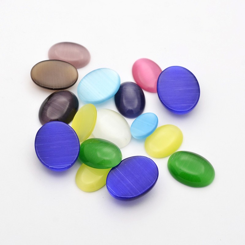 PandaHall Mixed Oval Cat Eye Cabochons, Mixed Color, 14~23x10~18x4.5~8mm, about 200g/bag Glass Oval Multicolor