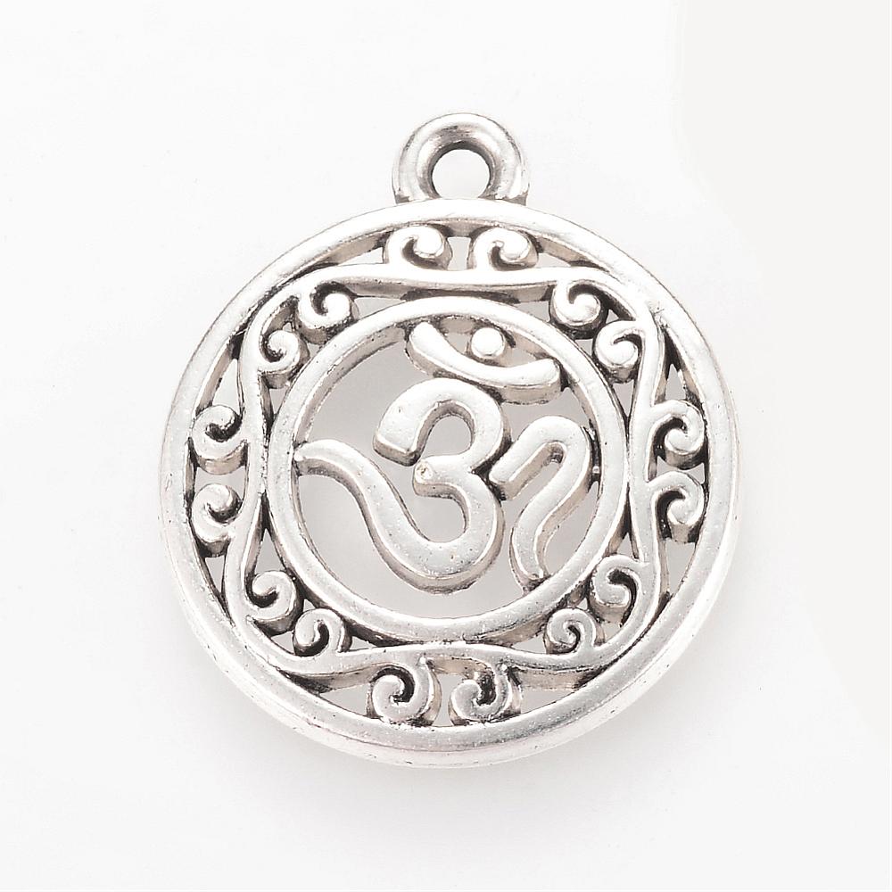 PandaHall Tibetan Style Alloy Pendants, Flat Round with Ohm, Lead Free & Cadmium Free, Antique Silver, 22x19x3mm, Hole: 2mm; about...