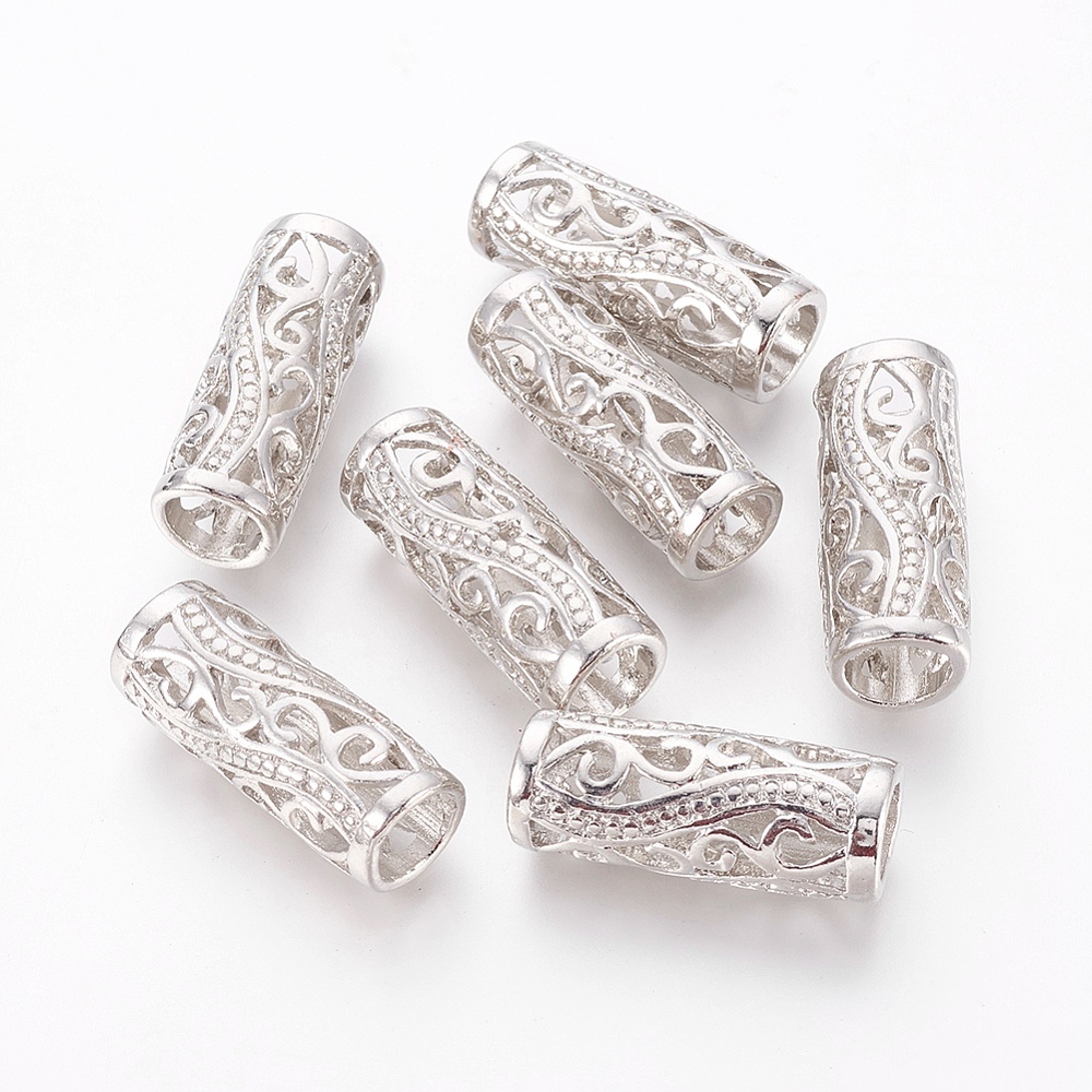 PandaHall Alloy Filigree Beads, Column, Platinum Color, Size: about 30mm long, 11mm wide, 11mm thick, hole: 8mm Alloy Column