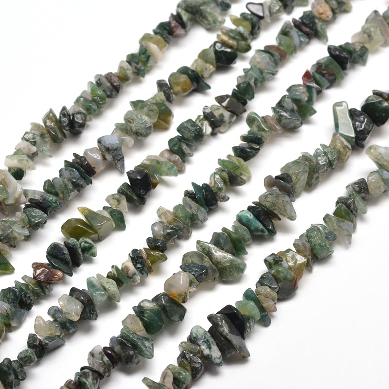 PandaHall Natural Moss Agate Chip Bead Strands, 5~8x5~8mm, Hole: 1mm; about 31.5" Moss Agate Chip