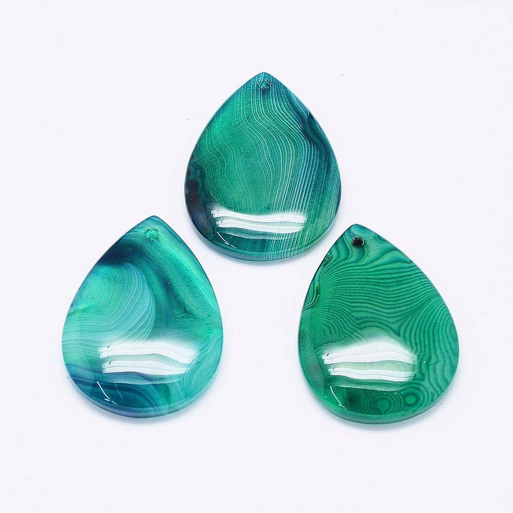 PandaHall Natural Striped Agate/Banded Agate Pendants, Drop, Dyed, LightSeaGreen, 38~45x27~30x5~6mm, Hole: 2mm Banded Agate Drop Green
