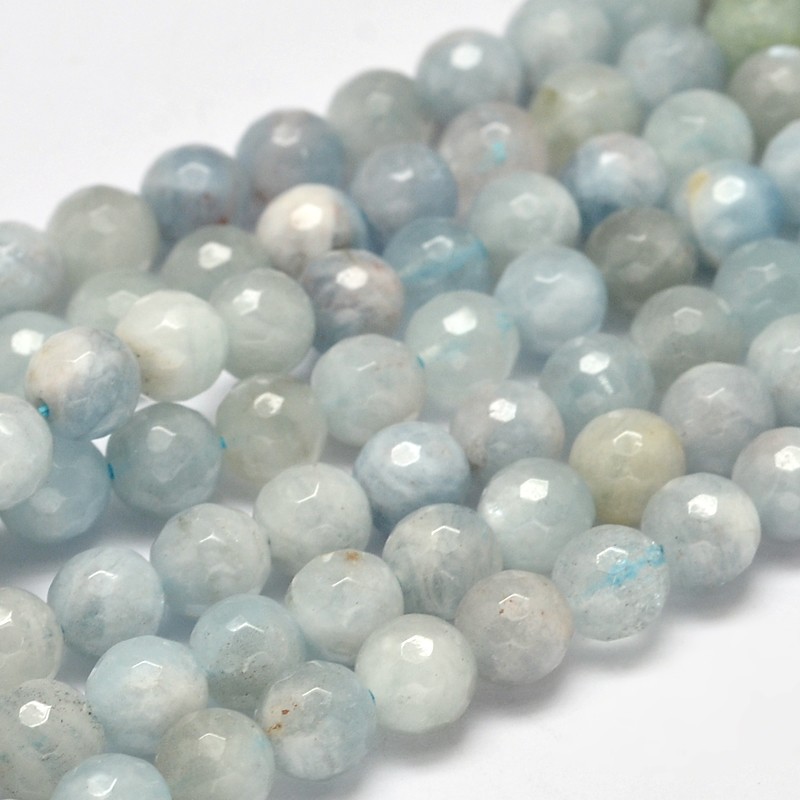 PandaHall Faceted Round Grade AB Natural Aquamarine Bead Strands, 6mm, Hole: 1mm; about 63pcs/strand, 15.5" Aquamarine Round