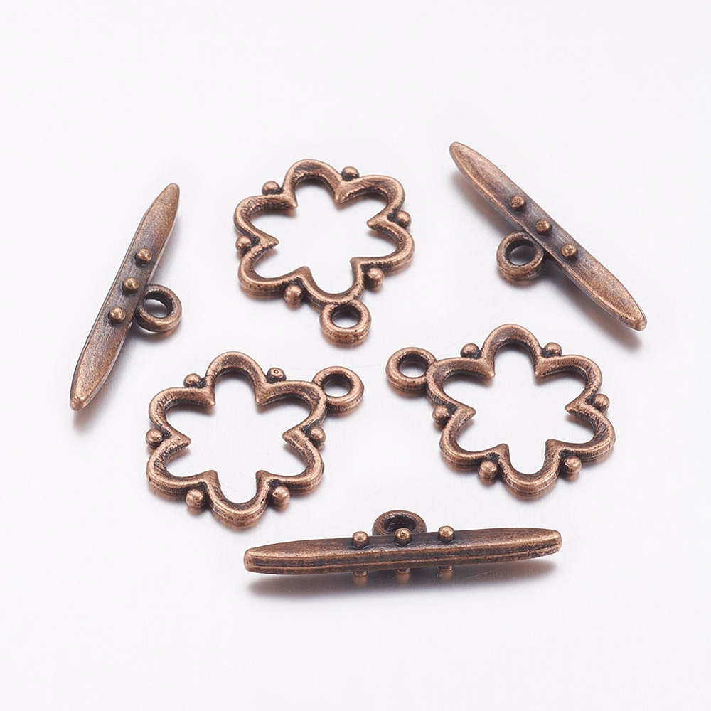 PandaHall Alloy Toggle Clasps, Nickel Free, Lead Free and Cadmium Free, Red Copper, Flower: 19x15x1.5mm, hole: 2mm. Bar: 24x6x4mm, hole...