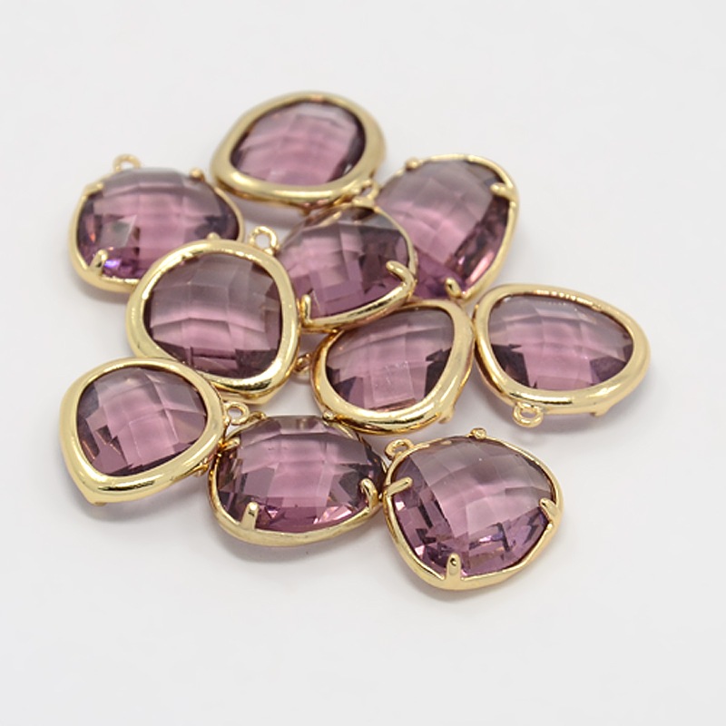 PandaHall Real Gold Plated Brass Glass Pendants, Faceted Triangle Charms, Plum, 16x15x6mm, Hole: 1mm Brass+Glass Triangle Purple