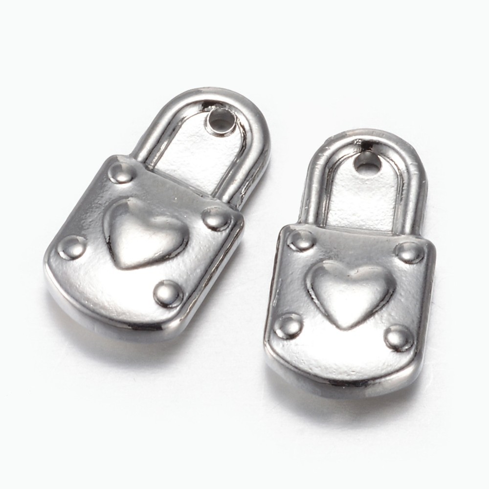 PandaHall 304 Stainless Steel Pendants, Lock with Heart, Stainless Steel Color, 17x9x3.5mm, Hole: 1.5mm Stainless Steel Lock