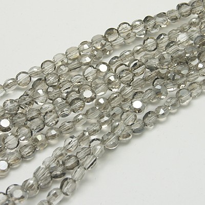 PandaHall Glass Beads Strands, Faceted, Flat Round, Gray, 6x4mm, Hole: 1mm; about 72pcs/strand, 15.7" Glass Flat Round Gray