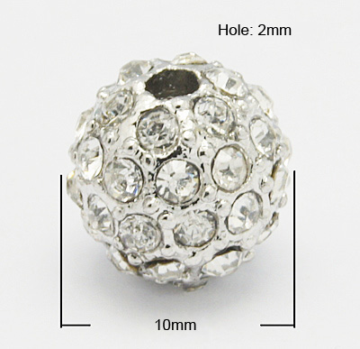 PandaHall Metal Alloy Rhinestone Beads, Round, Platinum, Clear, Size: about 10mm in diameter, hole: 2mm. Alloy+Rhinestone Round Clear