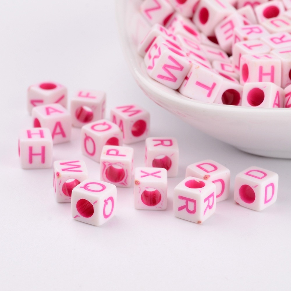 PandaHall Mixed Cube with Letter Opaque Acrylic Beads, HotPink, 6x6x6mm, Hole: 3mm Acrylic Cube Pink