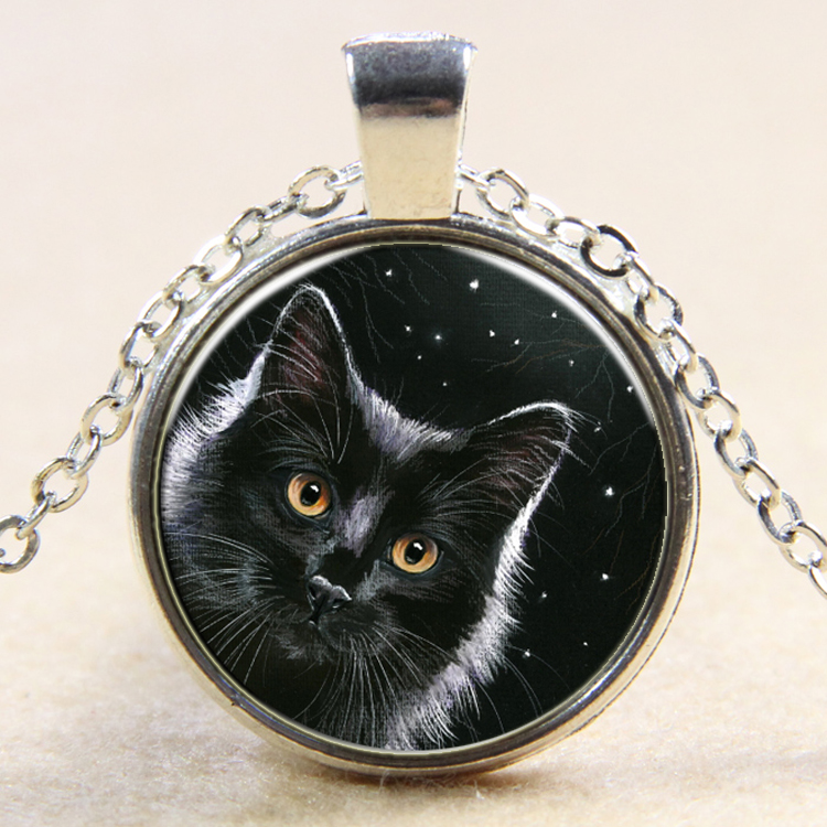 PandaHall Cat Pattern Flat Round Glass Pendant Necklaces, with Alloy Chains, Silver, 18" Alloy