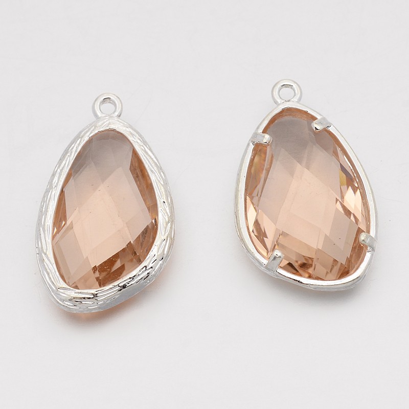 PandaHall Silver Plated Brass Glass Pendants, Faceted Drop Charms, PeachPuff, 22x14x6mm, Hole: 1mm Brass+Glass Drop Brown