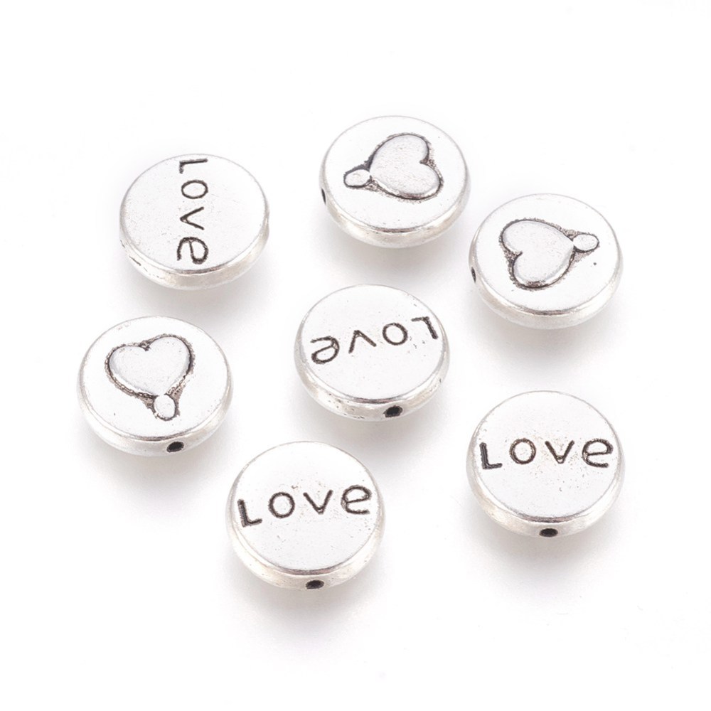 PandaHall Valentines Gift Ideas for Her Tibetan Silver Beads, Flat Round with Heart and Word LOVE, Antique Silver, Lead Free & Cadmium Free...