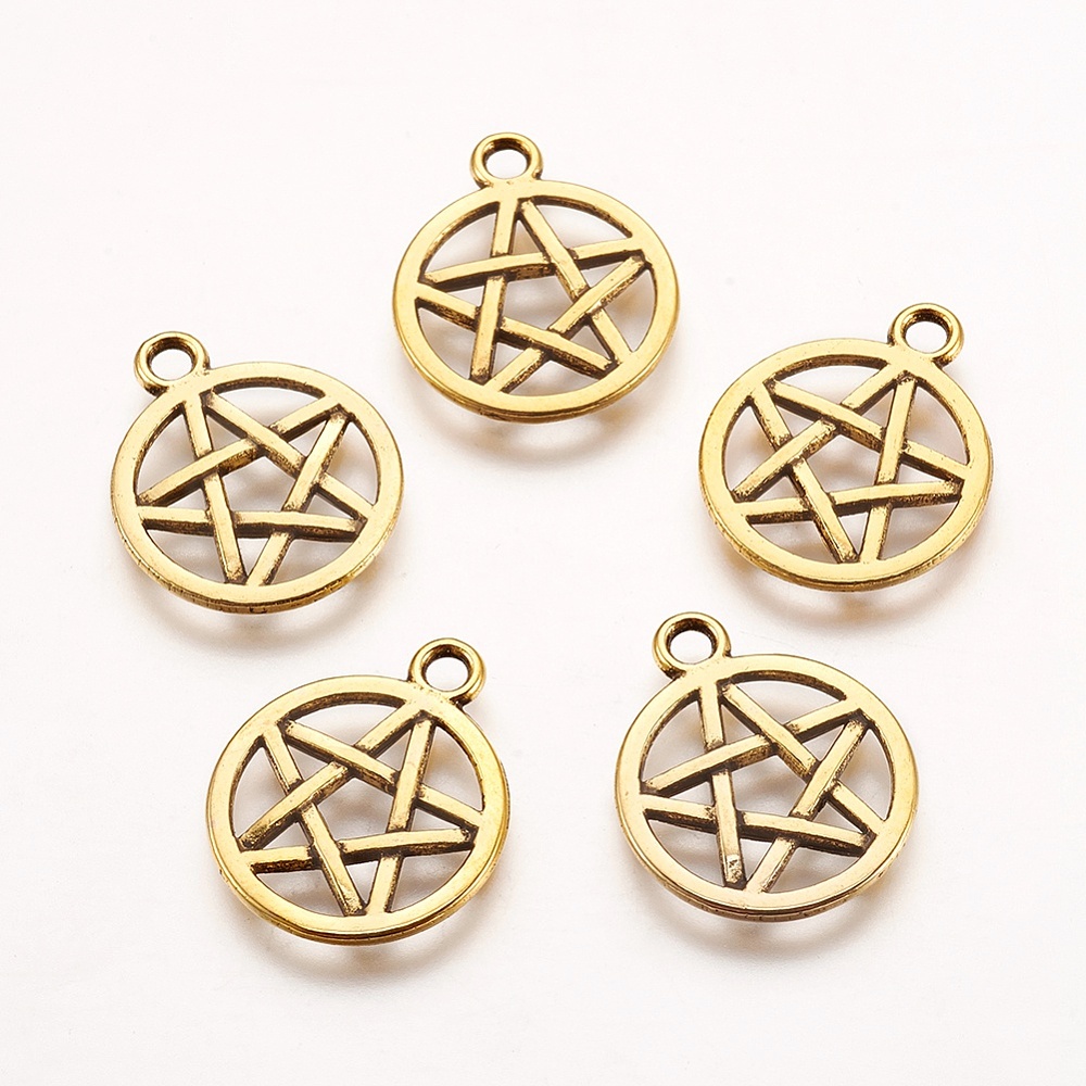 PandaHall Tibetan Style Pendants, Flat Round with Pentagram, Lead Free and cadmium free, Antique Golden, 16.5mm in diameter, 1.8mm thick...
