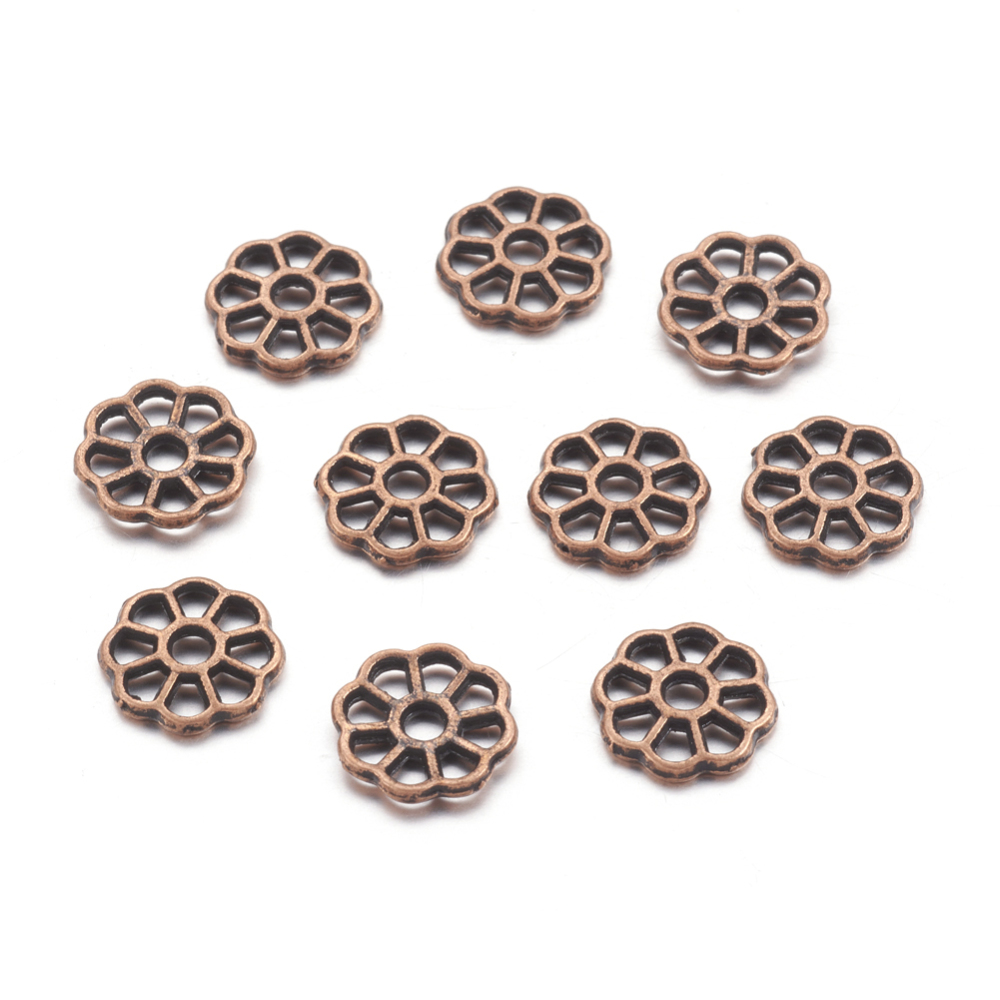 PandaHall Tibetan Style Bead Spacers, Lead Free & Nickel Free & Cadmium Free, Flower, Red Copper Color, 9mm in diameter, 1.5mm thick, hole...