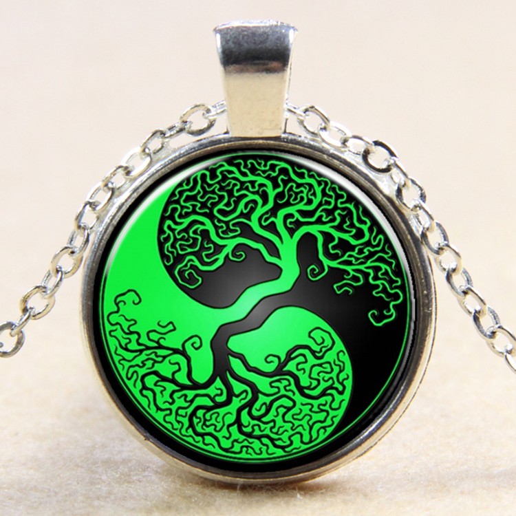 PandaHall Yin-Yang & Tree of Life Pattern Flat Round Glass Pendant Necklaces, with Alloy Chains, Silver, 18" Glass