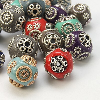 PandaHall Handmade Indonesia Beads, with Brass Core, Round, Mixed Color, Size: about 15mm in diameter, 16mm thick, hole: 2mm Polymer Clay...