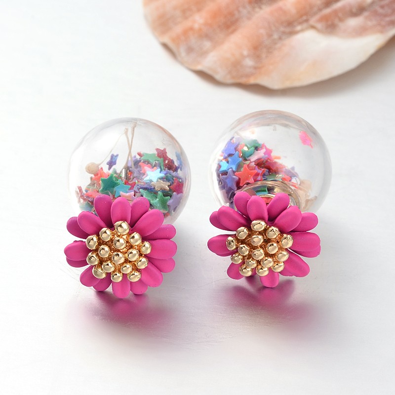 PandaHall Double Sided Round Glass Ball Stud Earrings, with Resin Flower Beads and Brass Findings, Platinum, Fuchsia, 16mm; 14mm; Pin: 0.8mm...